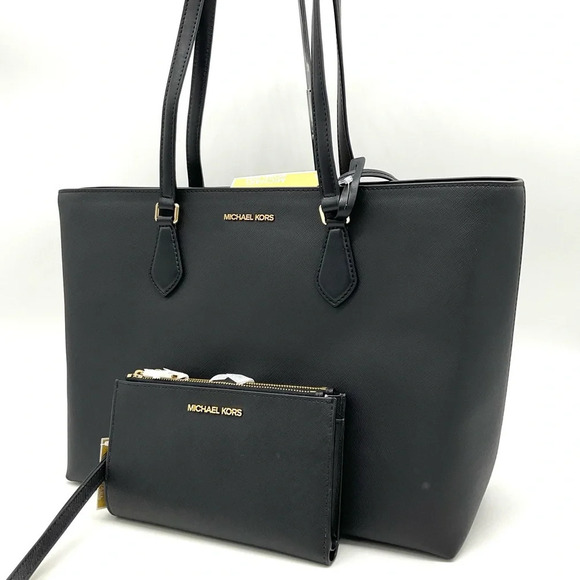Michael Kors Bag Large Sheila Mf Tote Bag & Large Double Zip Wallet Black/Gold - Picture 2 of 10